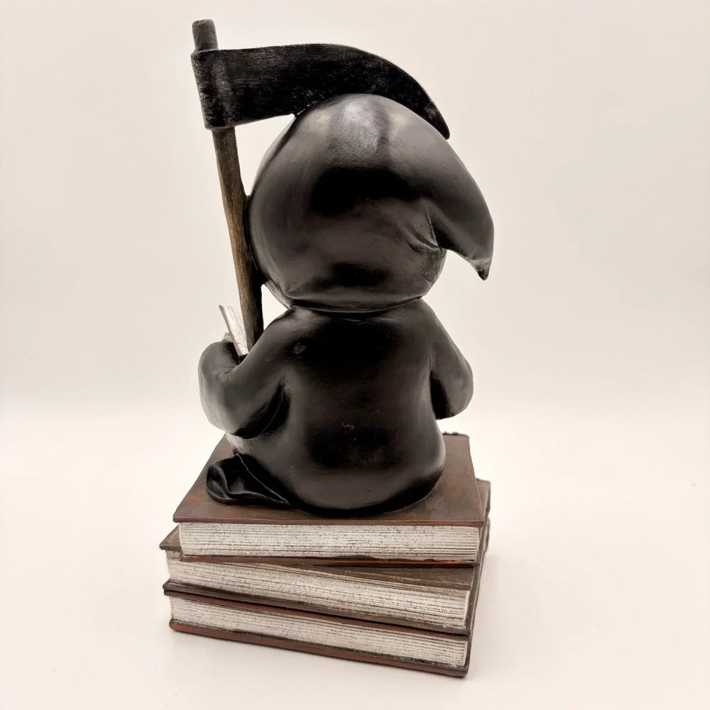Halloween Grim Reaper Sitting on Books Coffee Scythe Resin Figurine Statue